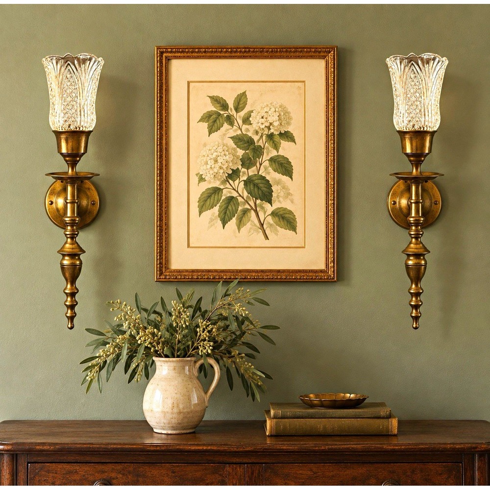 Vintage Brass Wall Sconces Pair Clear Pressed Glass Hurricane Shades India